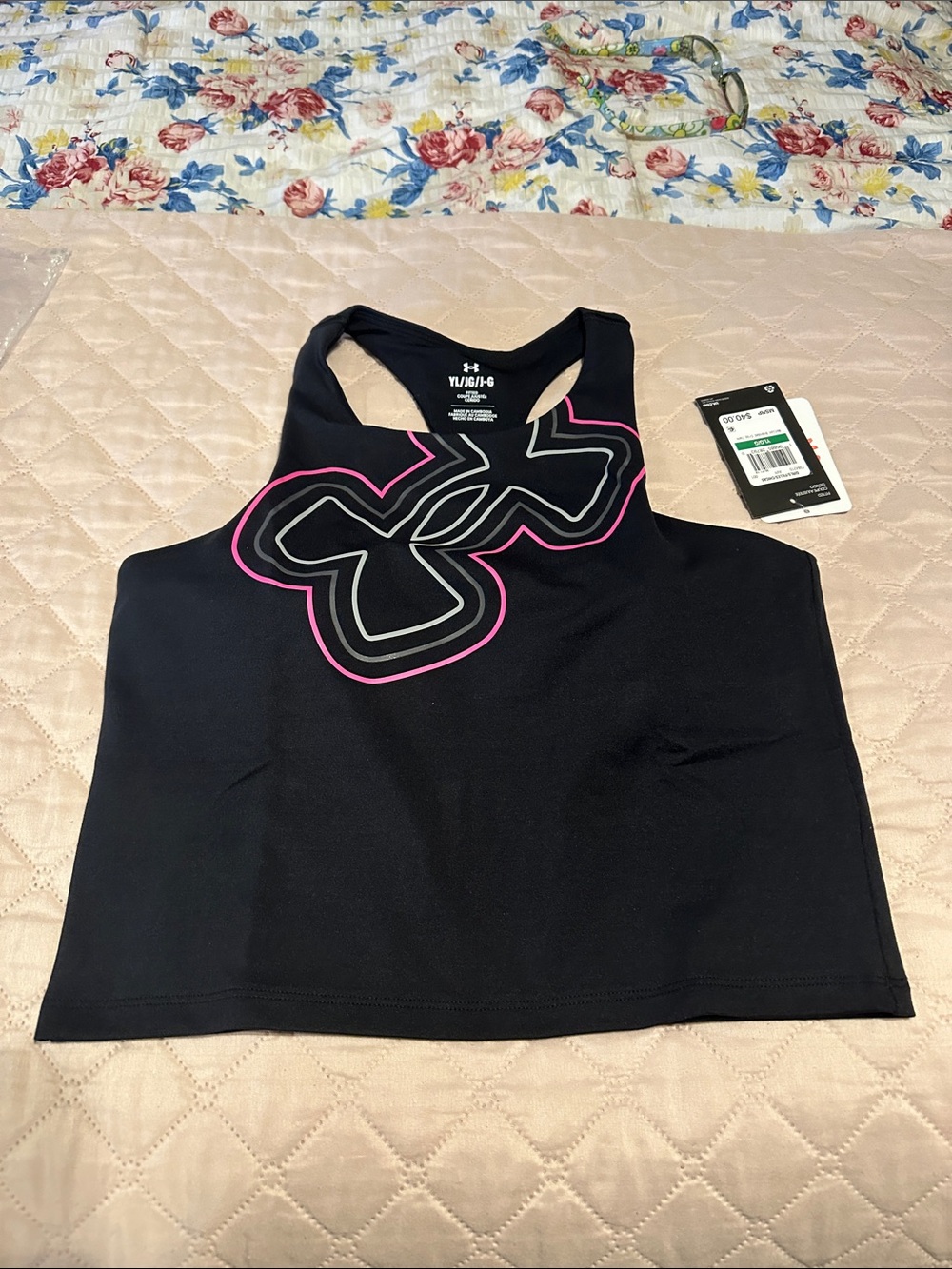 Under Armour Black Racerback Tank with Pink-Outlined Logo. Size YL